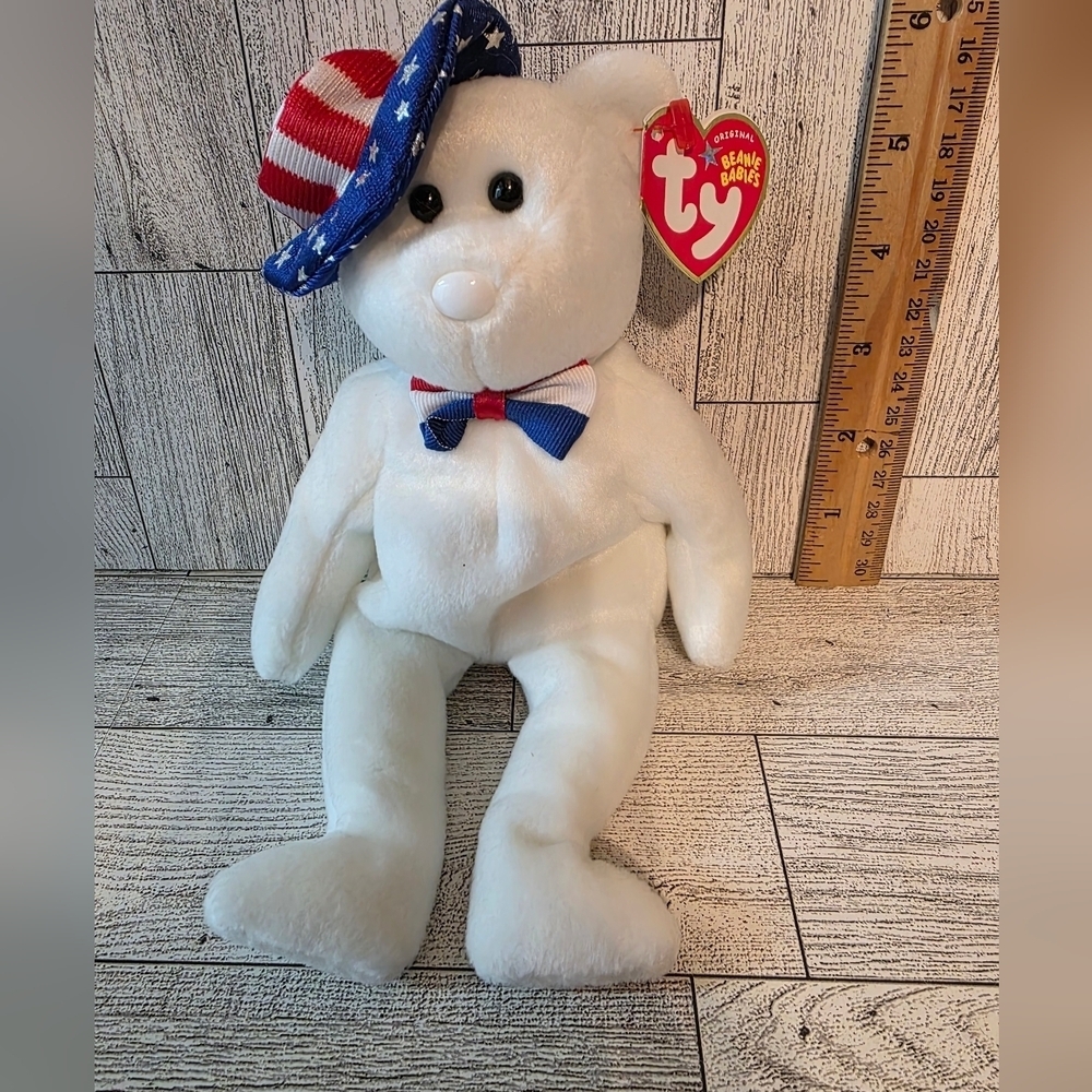 Ty Benjamin White Bear with Patriotic Hat and Bow Tie
